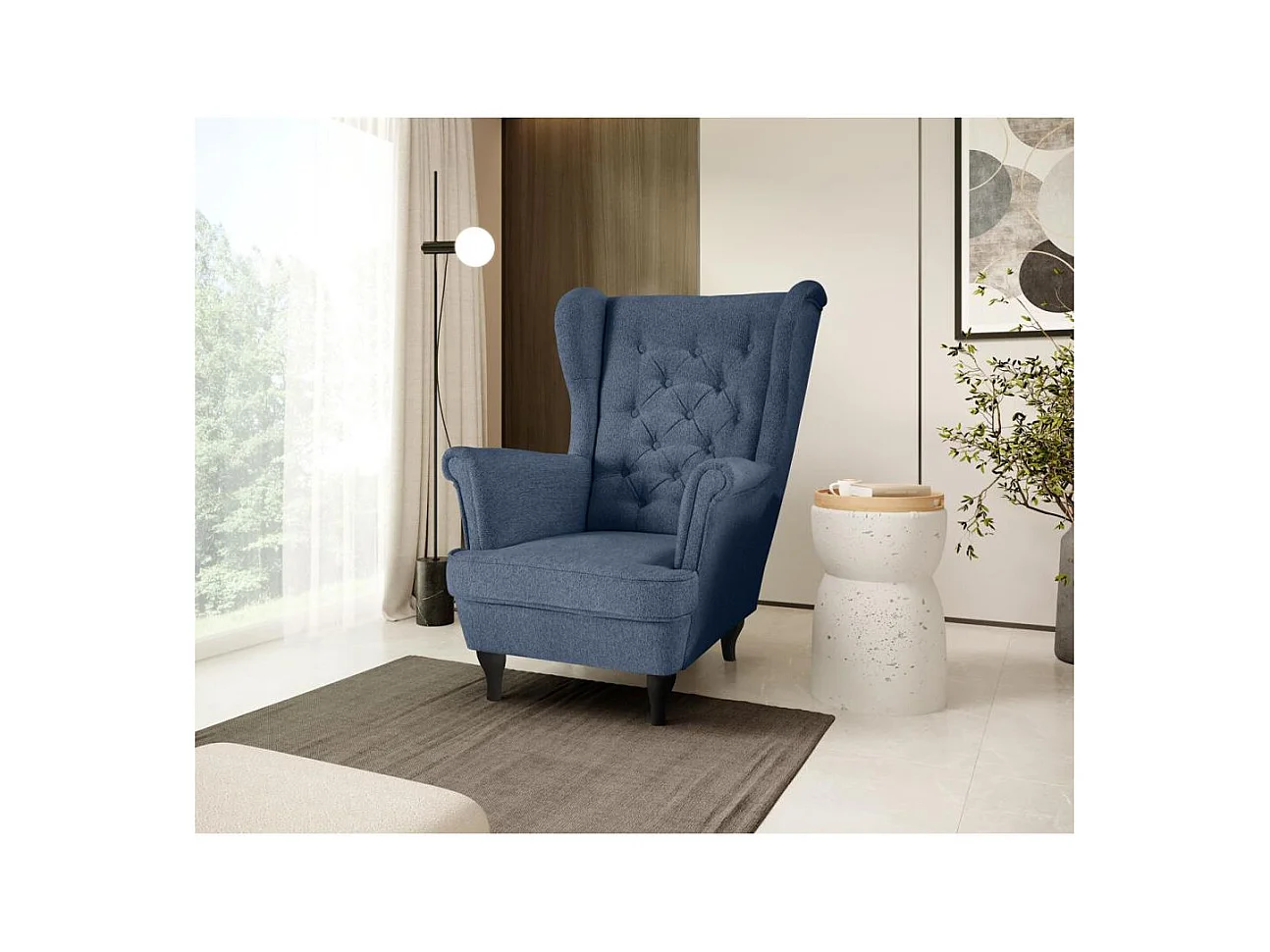 CHESTERFIELD-SESSEL Falco dunkelblau mit Wenge Holzbeinen