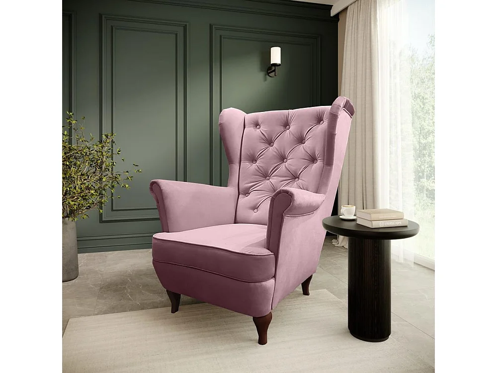 CHESTERFIELD-SESSEL Falco rosa mit Holzbeinen