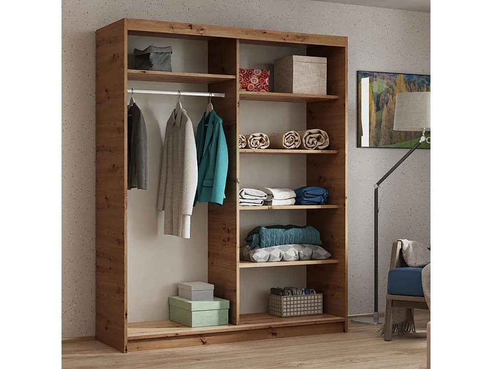 ARMOIRE A PORTES FERMÉES Hela 120/205/60 2 portes chêne Artisan/noir avec miroir