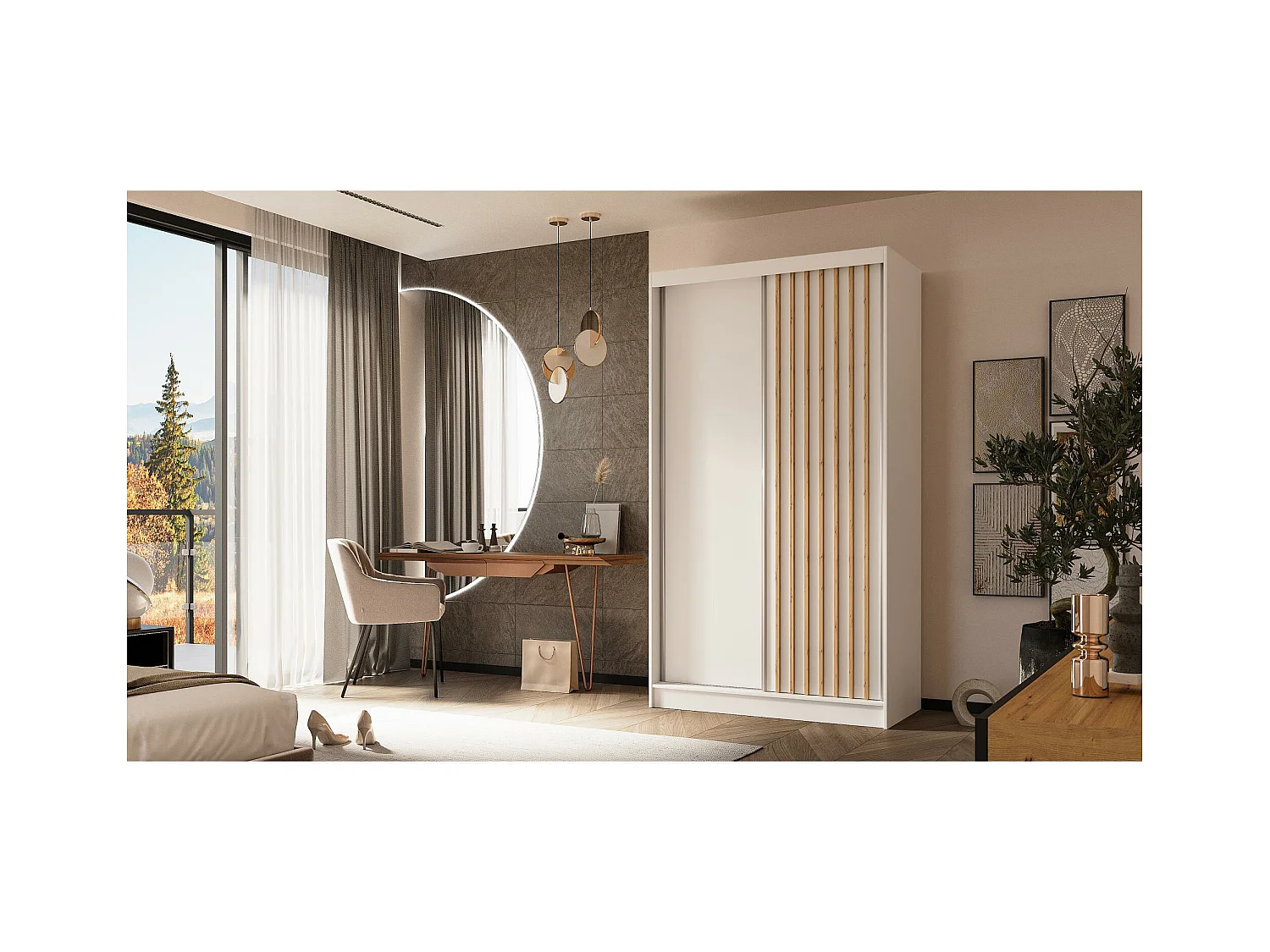 SCHWEBETÜRENSCHRANK Helios 120/216/61 weiß+eiche Artisan mit Schubladen