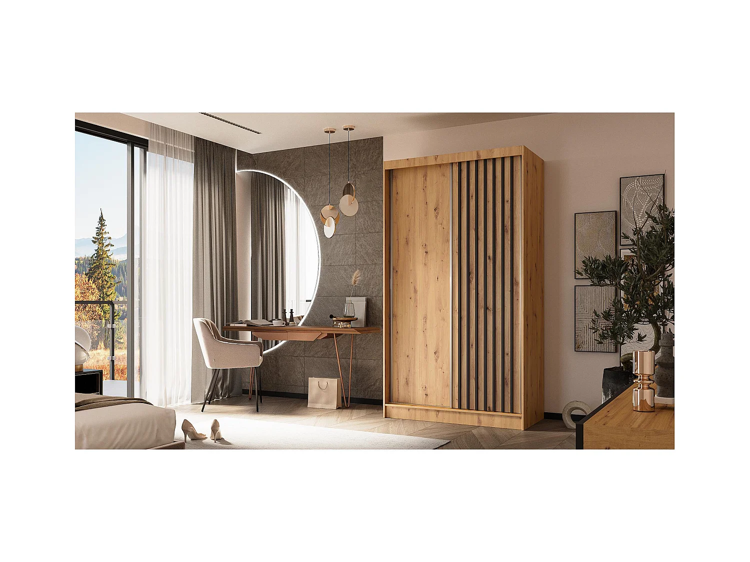 SCHWEBETÜRENSCHRANK Helios 120/216/61 eiche Artisan+schwarz mit Schubladen