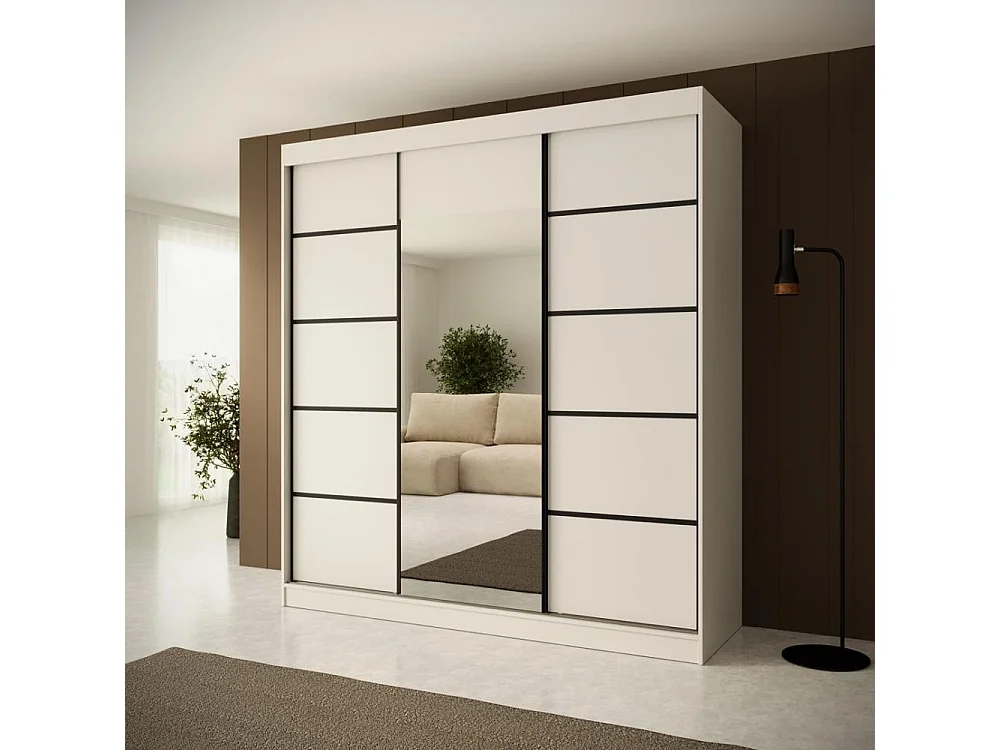 SCHWEBETÜRENSCHRANK Monica 200/215/61 3-türig weiß+schwarz mit Spiegel