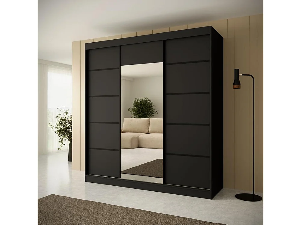 SCHWEBETÜRENSCHRANK Monica 200/215/61 3-türig schwarz mit Spiegel