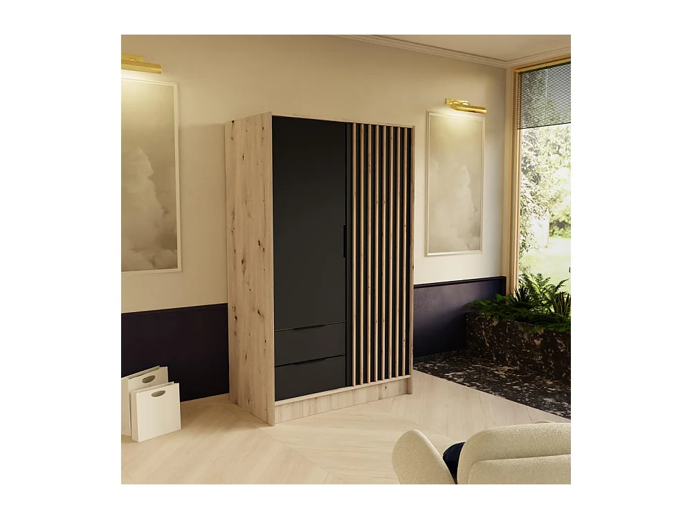 DREHTÜRENSCHRANK Nero 100/51/200 cm mit Lamellen eiche artisan+schwarz