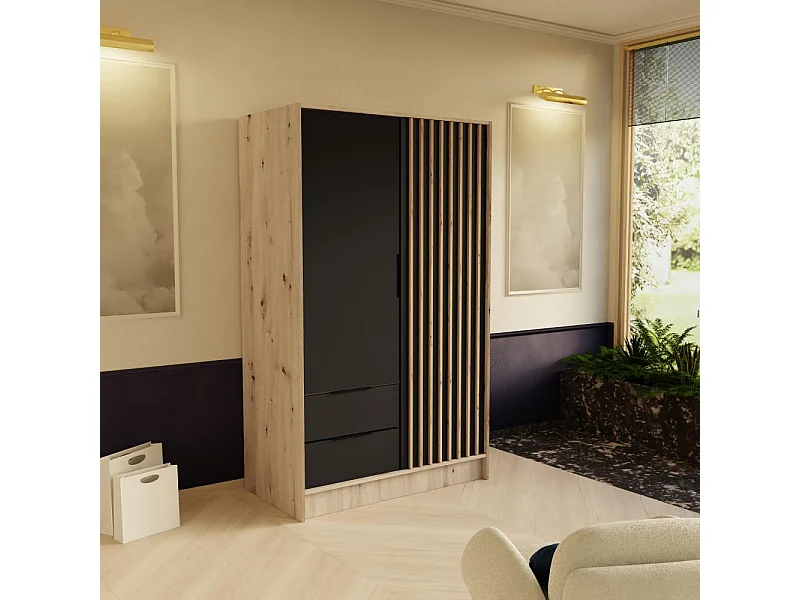 DREHTÜRENSCHRANK Nero 100/51/200 cm mit Lamellen eiche artisan+schwarz