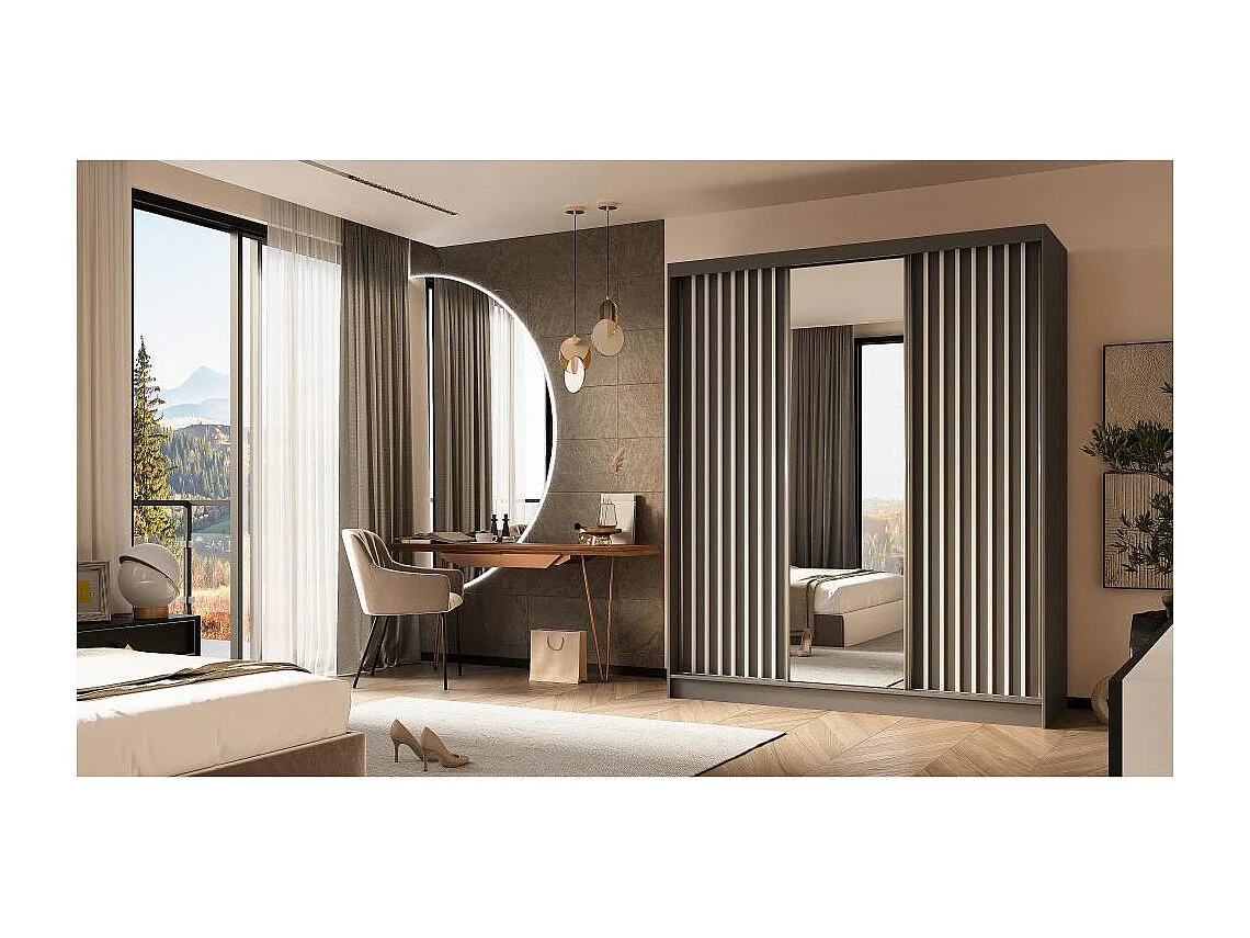 SCHWEBETÜRENSCHRANK Helix 180/216/61 grau+weiß mit Schubladeneinsatz