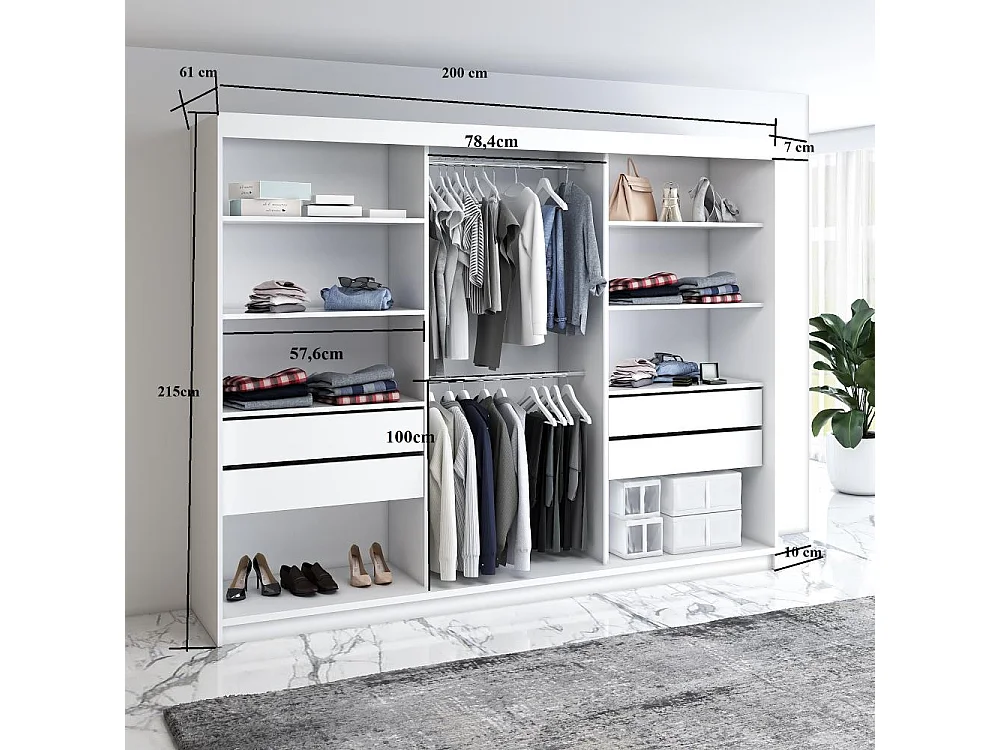 Hangkast Monica 200/215/61 3-deurs wit+zilver met spiegel