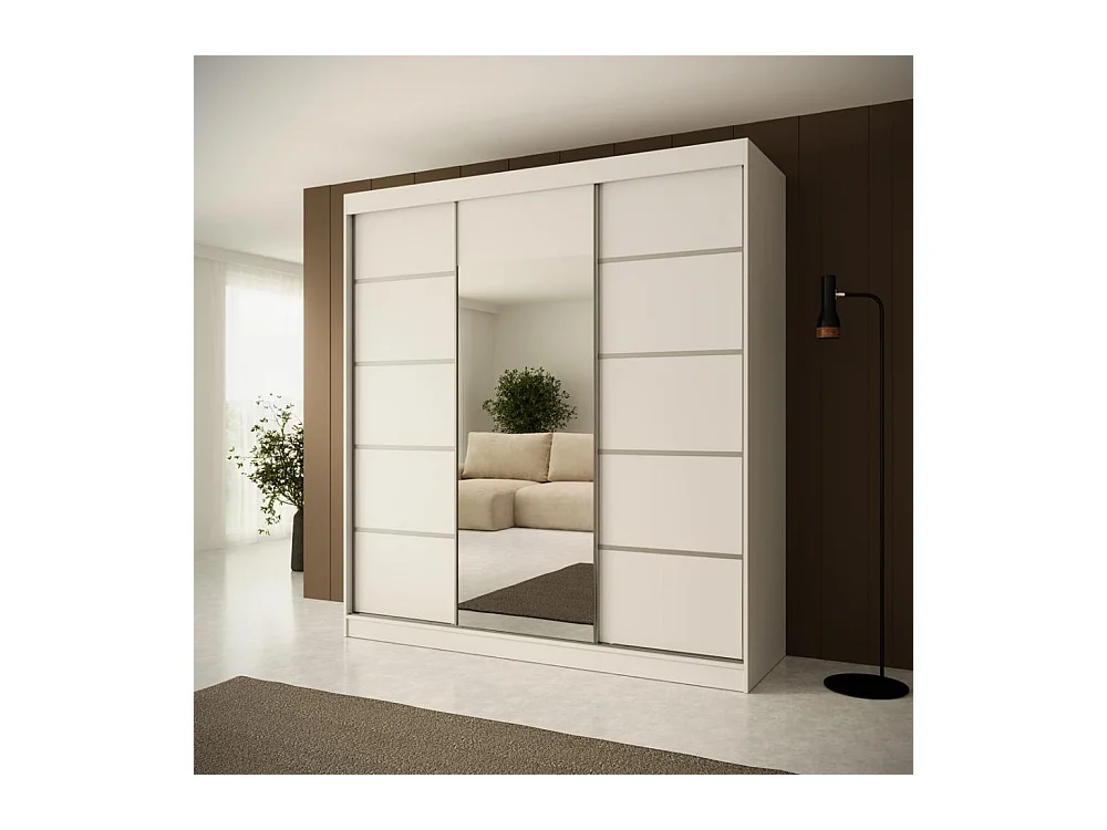 ARMOIRE A PORTES FERMÉES Monica 200/215/61 3 portes blanc+argent avec miroir