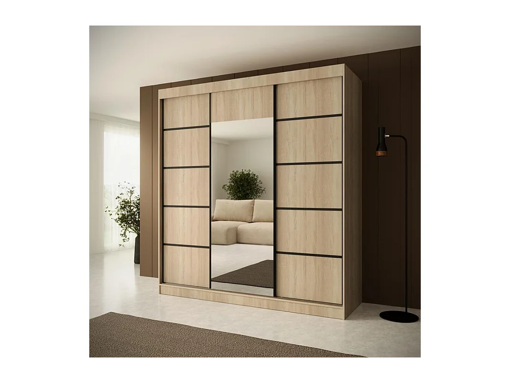 ARMOIRE A PORTES FERMÉES Monica 200/215/61 3 portes chêne sonoma+noir avec miroir