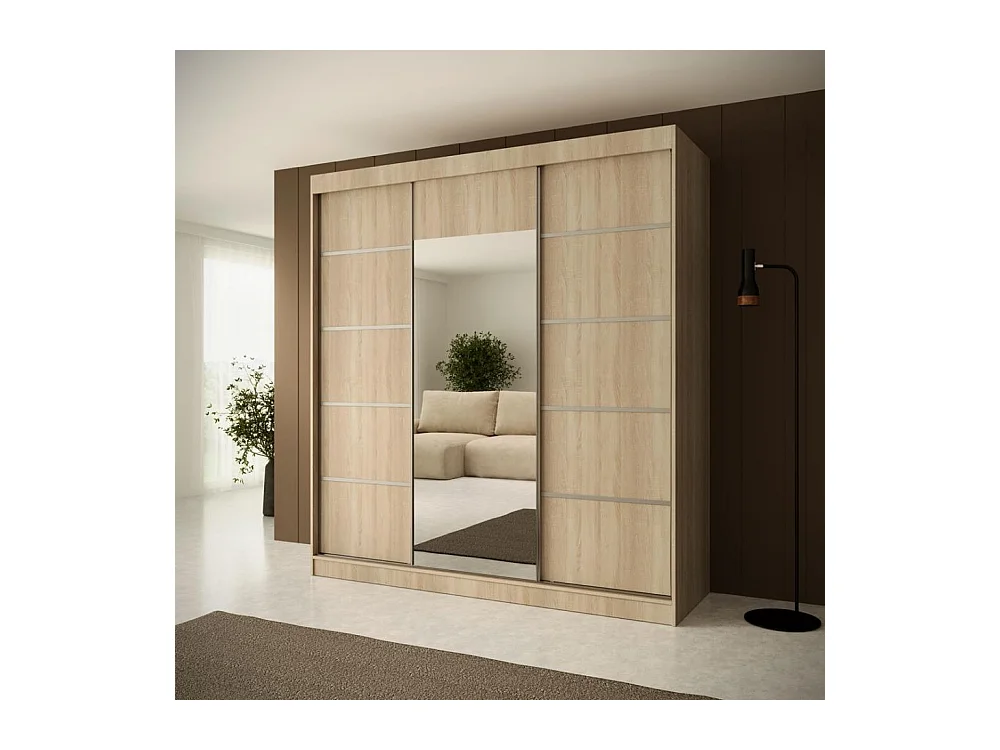 ARMOIRE A PORTES FERMÉES Monica 200/215/61 3 portes chêne sonoma+argent avec miroir
