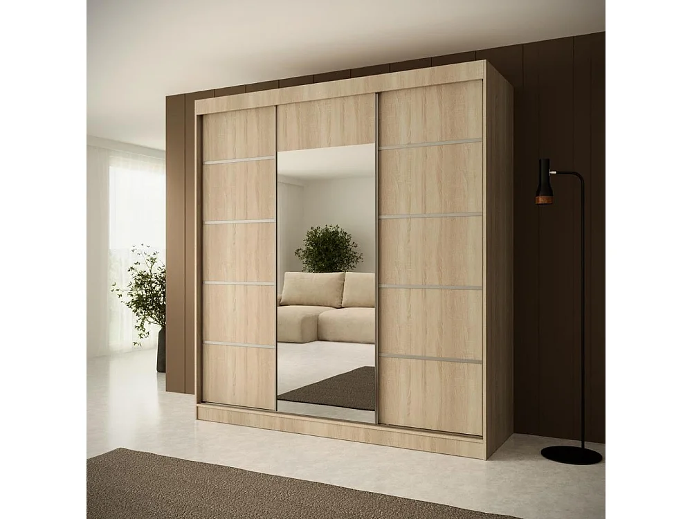 SCHWEBETÜRENSCHRANK Monica 200/215/61 3-türig eiche sonoma+silber mit Spiegel