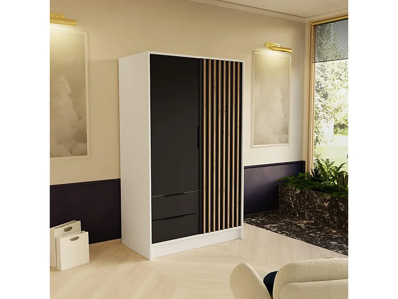 DREHTÜRENSCHRANK Nero 100/51/200 cm mit Lamellen weiß+schwarz