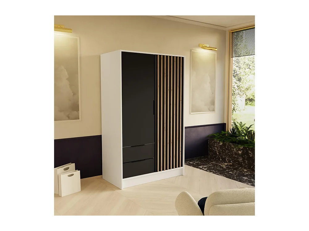 DREHTÜRENSCHRANK Nero 100/51/200 cm mit Lamellen weiß+schwarz