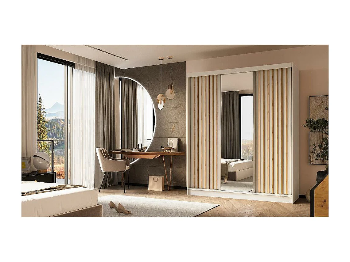 SCHWEBETÜRENSCHRANK Helix 180/216/61 weiß+eiche artisan mit Schubladeneinsatz