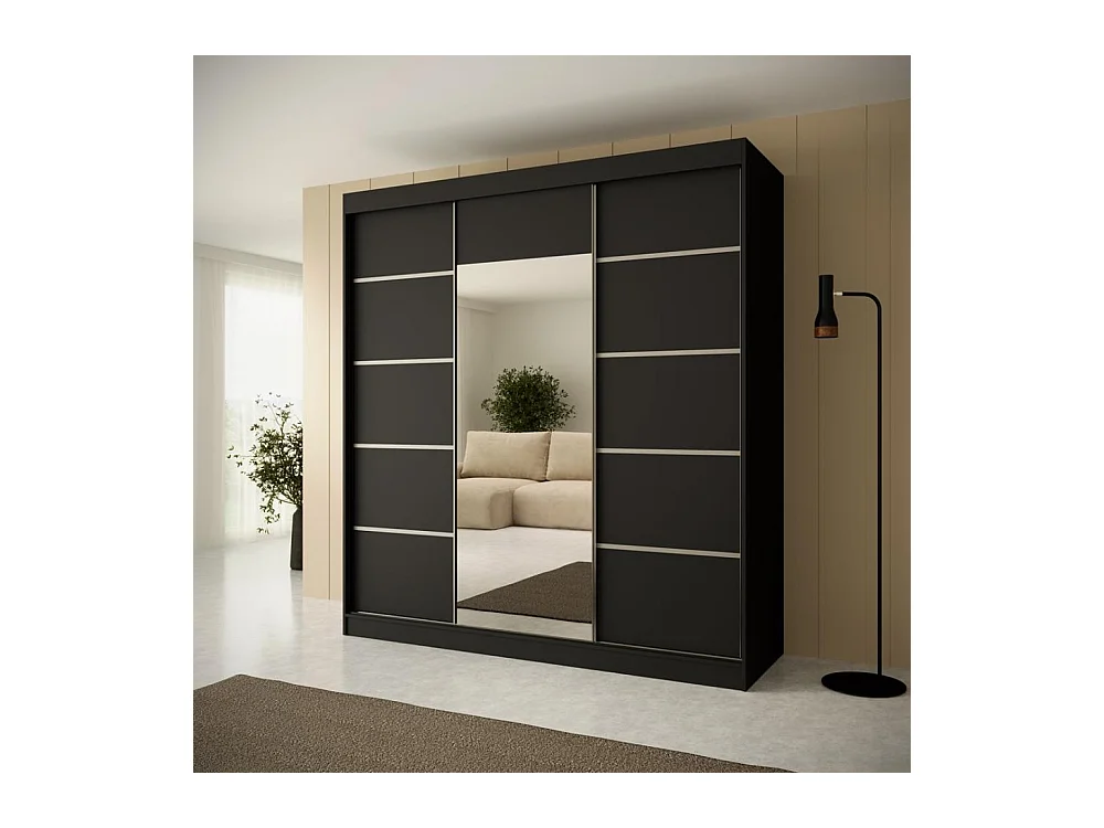 ARMOIRE A PORTES FERMÉES Monica 200/215/61 3 portes noir+argenté avec miroir