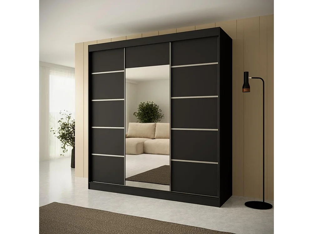 SCHWEBETÜRENSCHRANK Monica 200/215/61 3-türig schwarz+silber mit Spiegel