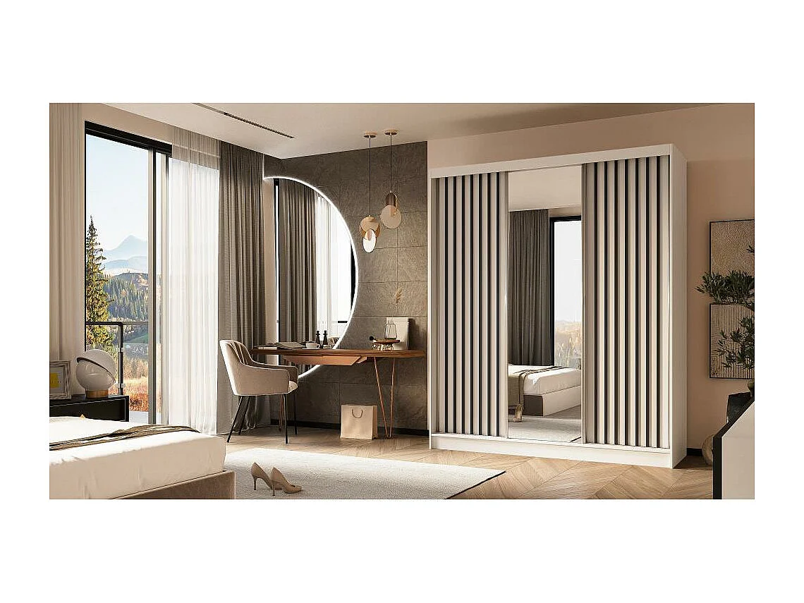 SCHWEBETÜRENSCHRANK Helix 180/216/61 weiß+schwarz mit Schubladeneinsatz