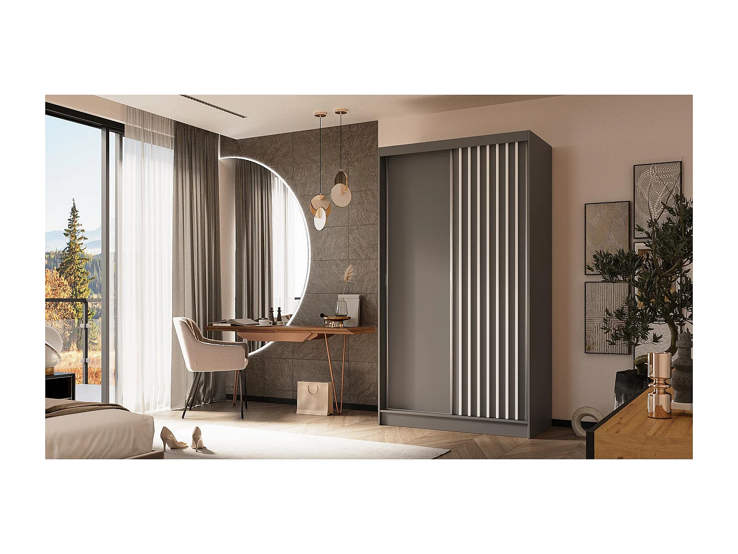 SCHWEBETÜRENSCHRANK Helios 120/216/61 grau+weiß mit Schubladen