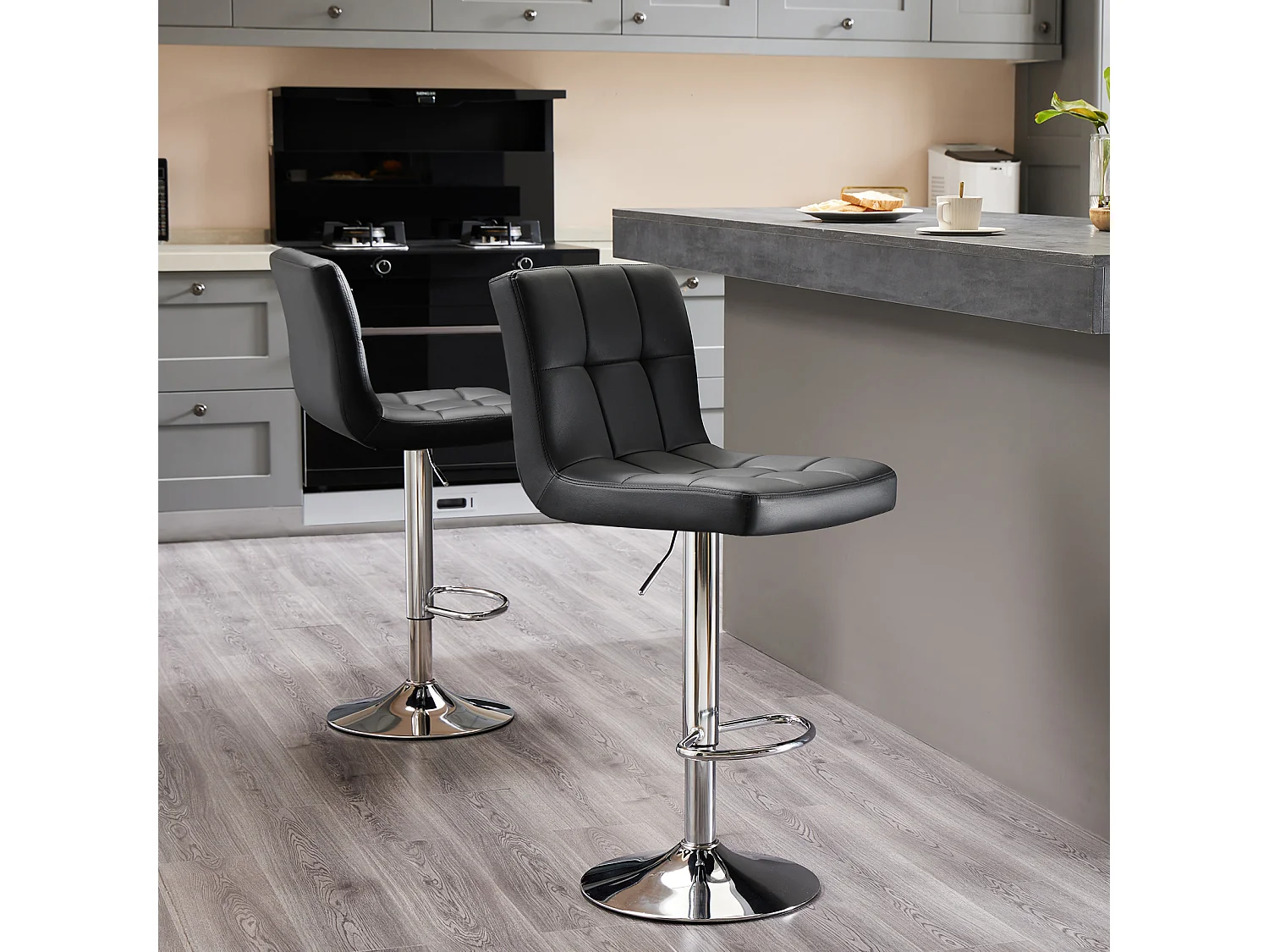 Barkrukken, barstoelen met rugleuning, draaibare barkruk in hoogte verstelbaar, PU, zwart, set van 2