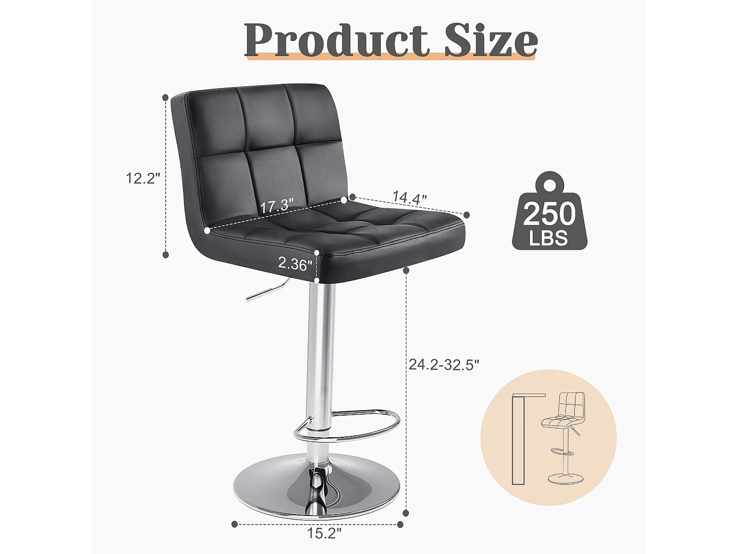 Barkrukken, barstoelen met rugleuning, draaibare barkruk in hoogte verstelbaar, PU, zwart, set van 2
