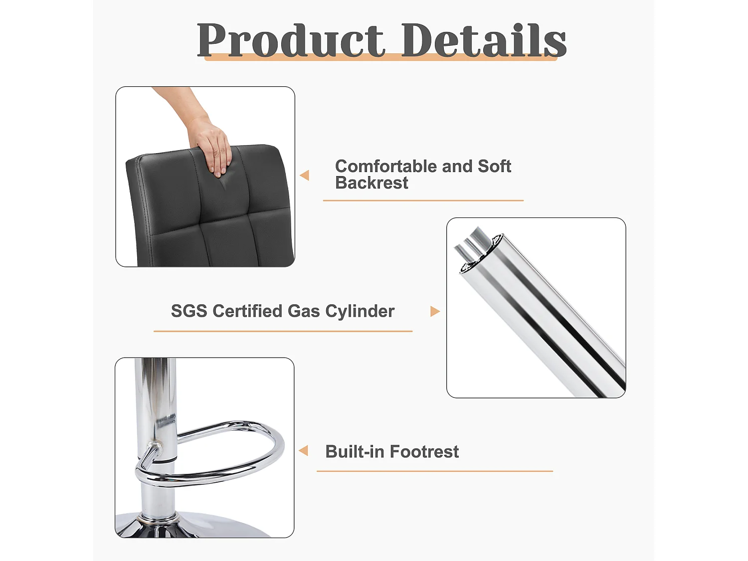 Barkrukken, barstoelen met rugleuning, draaibare barkruk in hoogte verstelbaar, PU, zwart, set van 2