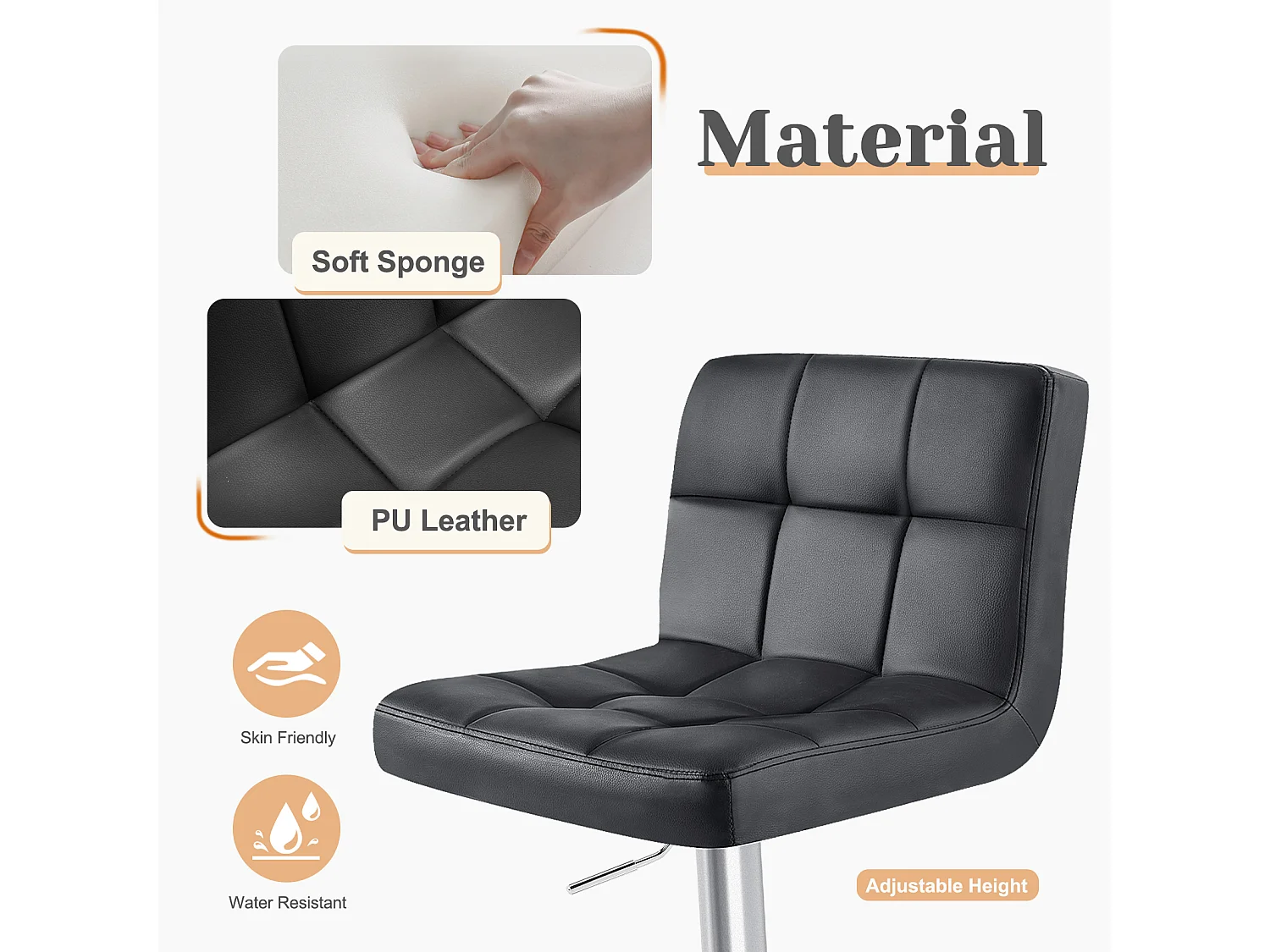 Barkrukken, barstoelen met rugleuning, draaibare barkruk in hoogte verstelbaar, PU, zwart, set van 2