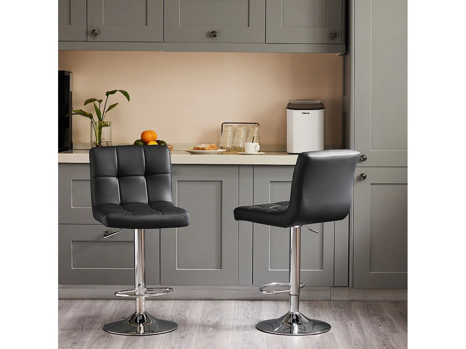 Barkrukken, barstoelen met rugleuning, draaibare barkruk in hoogte verstelbaar, PU, zwart, set van 2