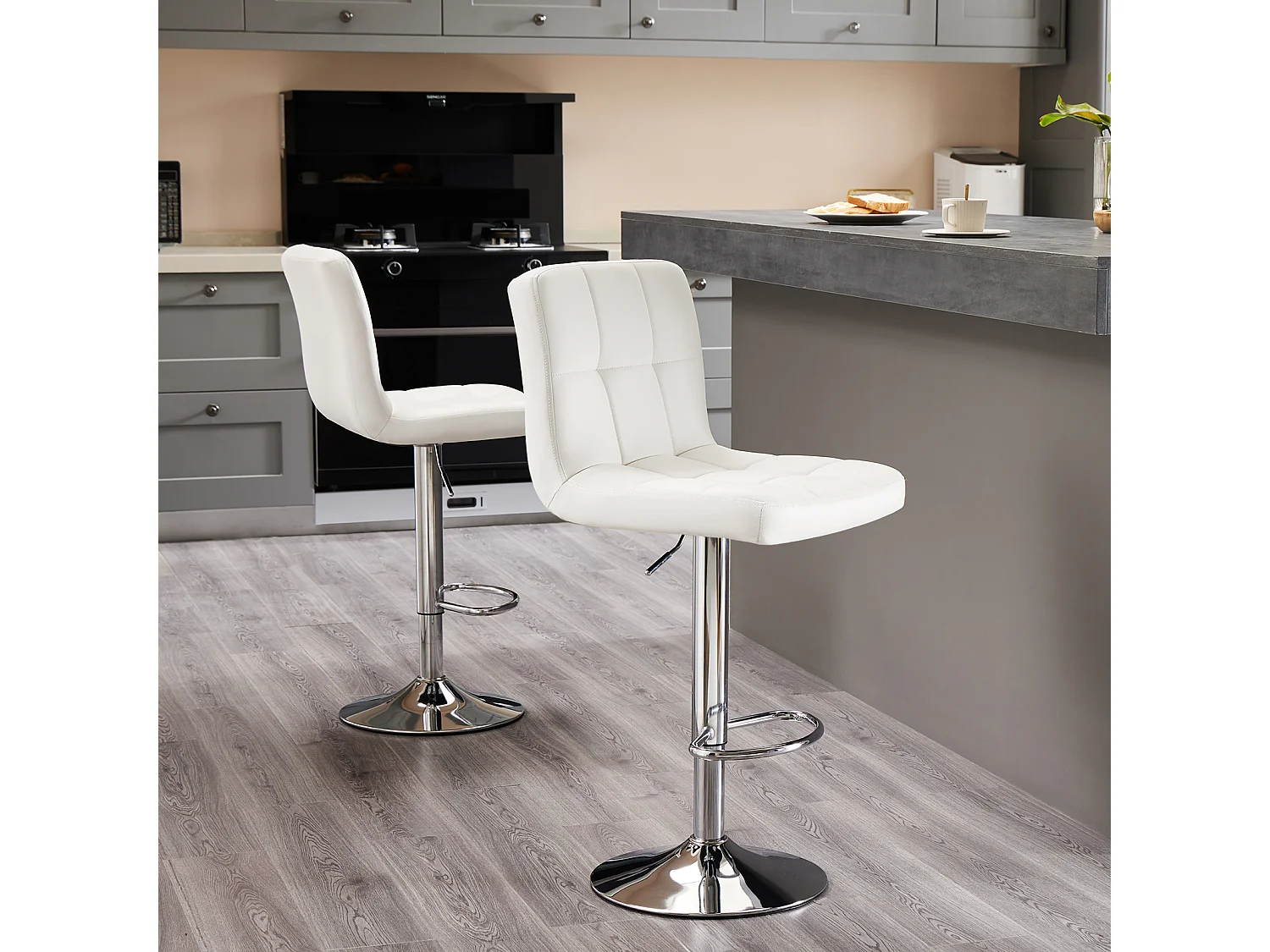 Tabourets de bar, tabourets de bar de comptoir avec dossier, tabouret de bar pivotant réglable en hauteur, en polyuréthane, blanc, ensemble de 2