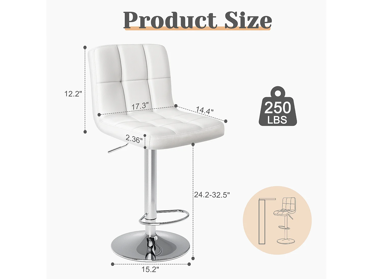 Tabourets de bar, tabourets de bar de comptoir avec dossier, tabouret de bar pivotant réglable en hauteur, en polyuréthane, blanc, ensemble de 2