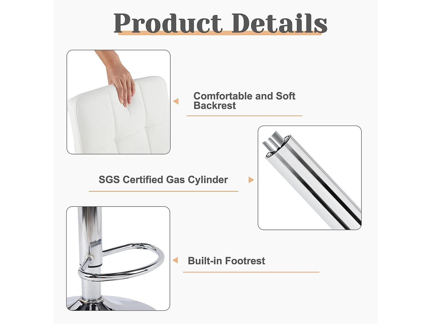 Tabourets de bar, tabourets de bar de comptoir avec dossier, tabouret de bar pivotant réglable en hauteur, en polyuréthane, blanc, ensemble de 2