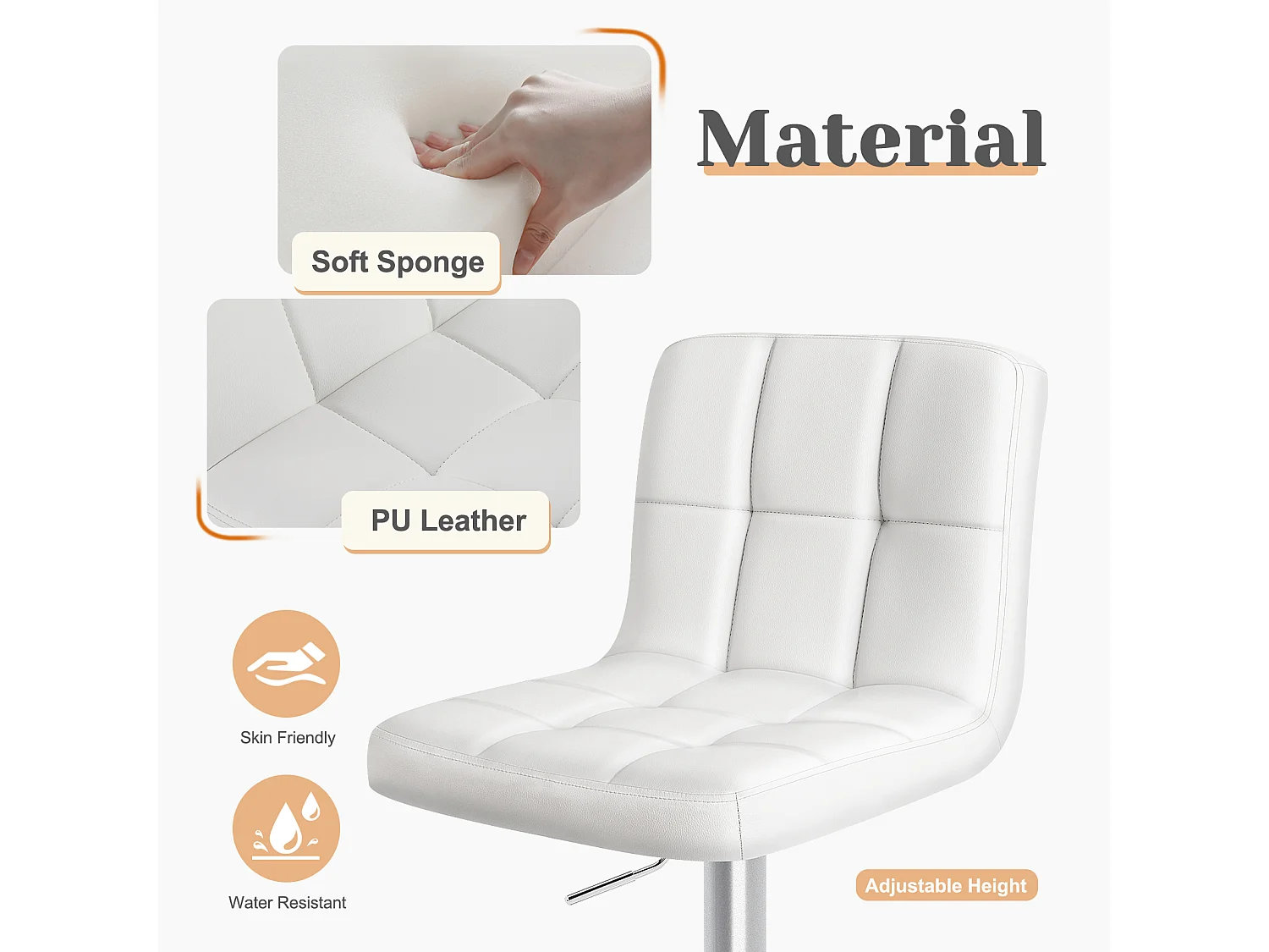 Tabourets de bar, tabourets de bar de comptoir avec dossier, tabouret de bar pivotant réglable en hauteur, en polyuréthane, blanc, ensemble de 2