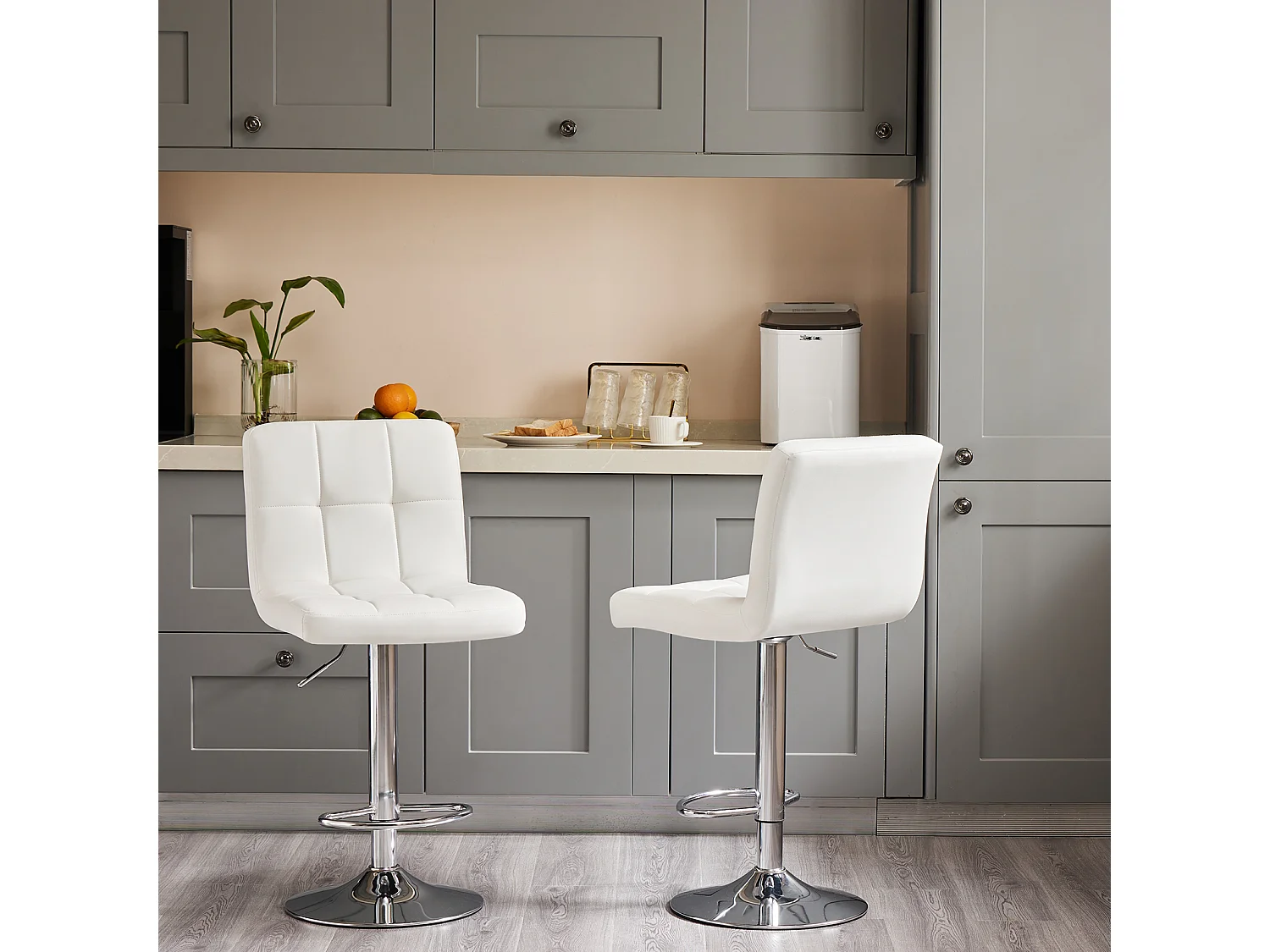 Tabourets de bar, tabourets de bar de comptoir avec dossier, tabouret de bar pivotant réglable en hauteur, en polyuréthane, blanc, ensemble de 2