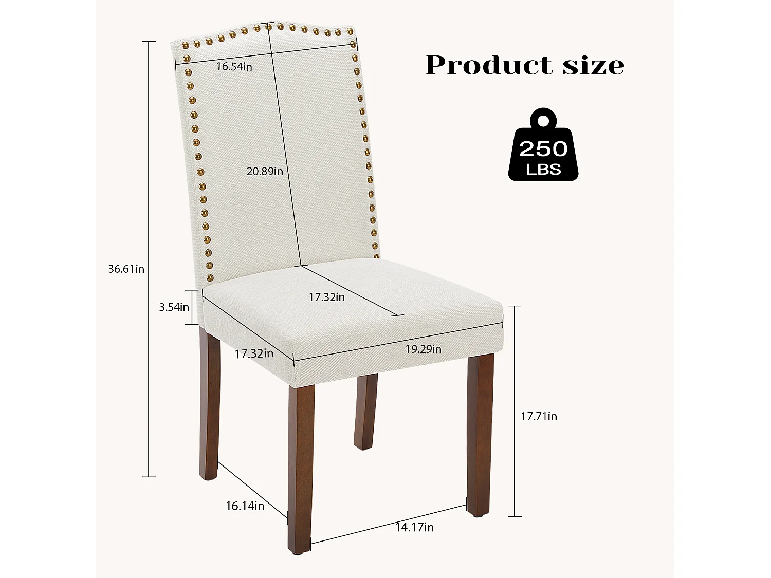 Eetkamerstoelen met bekleding, spijkerkop en houten poten, armloos, stof, beige