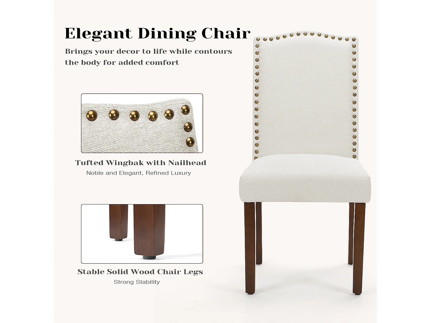 Eetkamerstoelen met bekleding, spijkerkop en houten poten, armloos, stof, beige