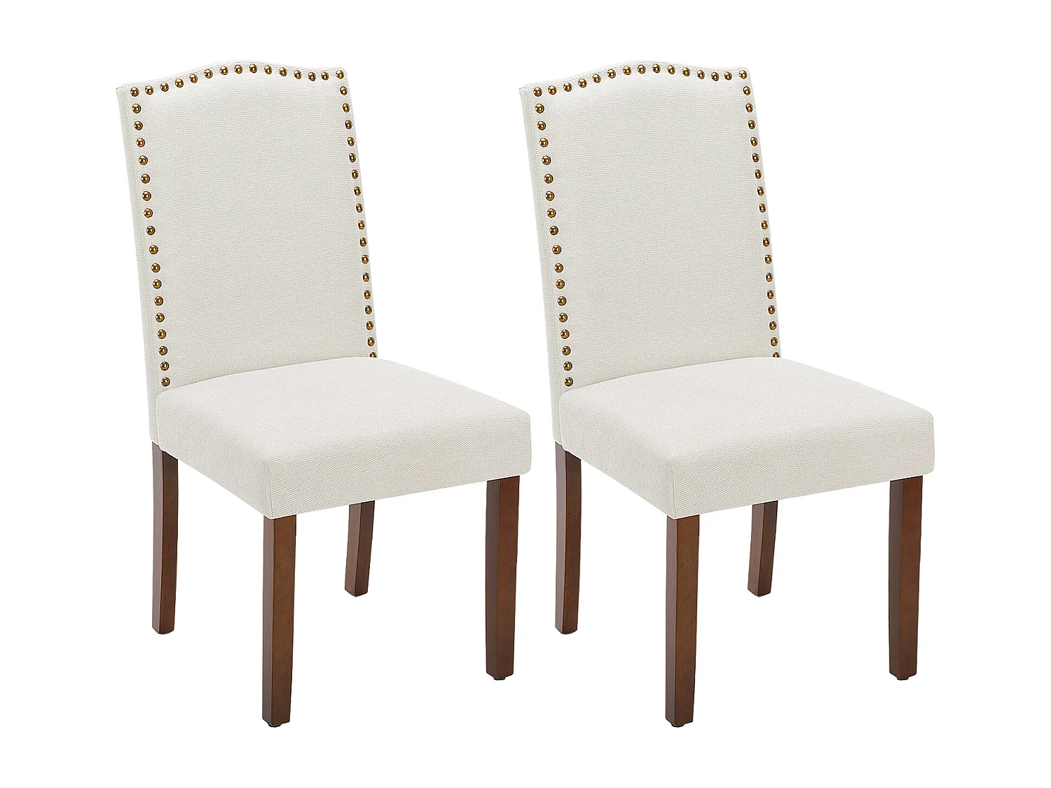 Eetkamerstoelen met bekleding, spijkerkop en houten poten, armloos, stof, beige