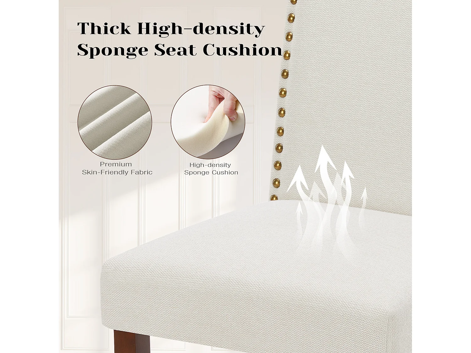 Eetkamerstoelen met bekleding, spijkerkop en houten poten, armloos, stof, beige