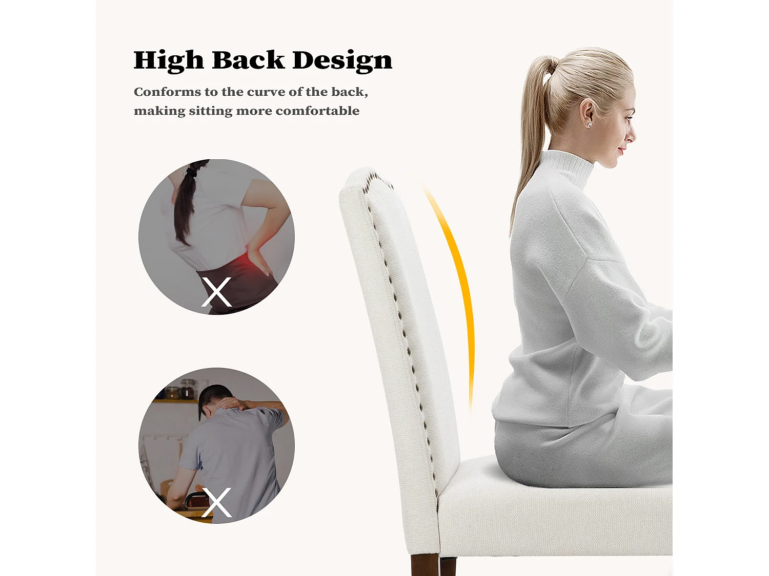 Eetkamerstoelen met bekleding, spijkerkop en houten poten, armloos, stof, beige