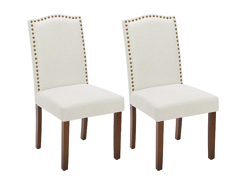 Chaises de salle à manger avec tapisserie, garniture de clous et pieds en bois, sans bras, tissu, beige