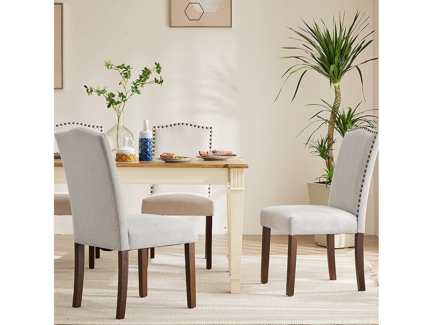 Eetkamerstoelen met bekleding,spijkerkop en houten poten,Armloos,stof,grijs