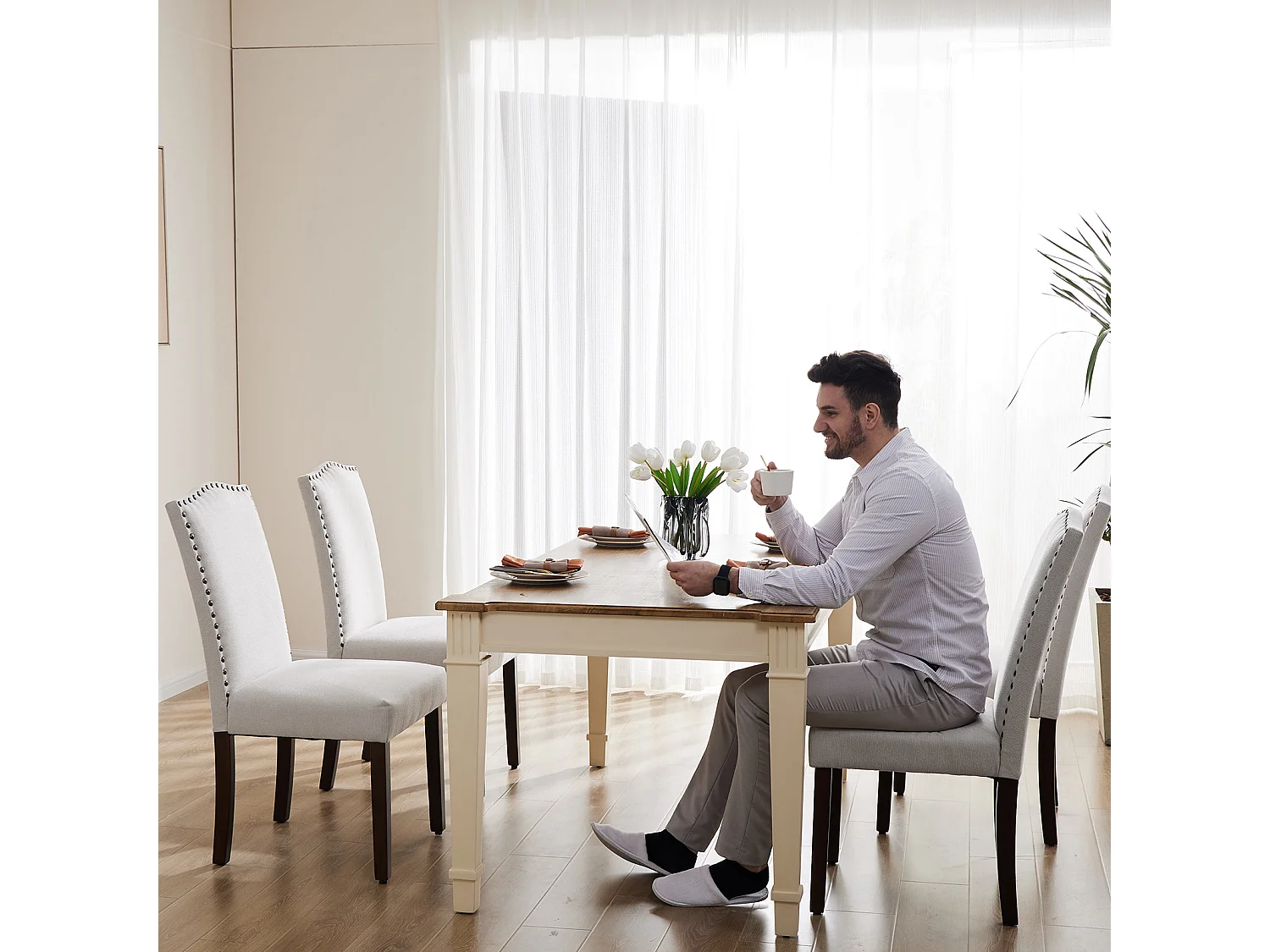 Eetkamerstoelen met bekleding,spijkerkop en houten poten,Armloos,stof,grijs
