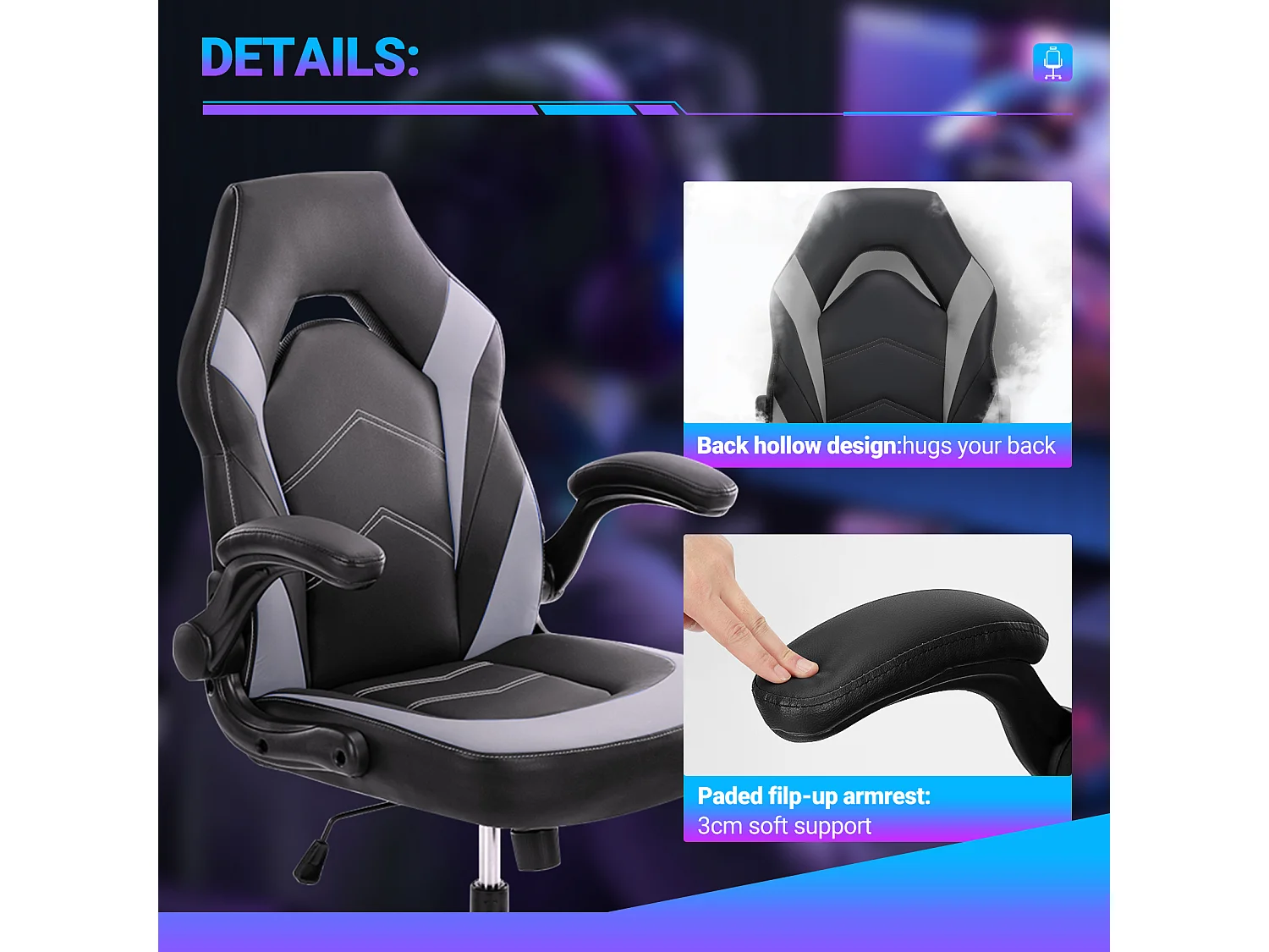 Gaming stoel,Bureaustoel met lendensteun,Ergonomisch,PU leer,Grijs,Zwart