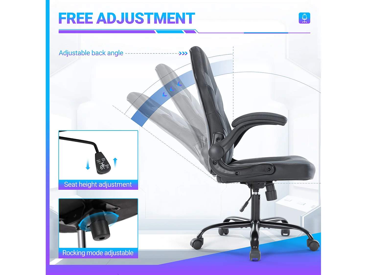 Gaming stoel,Bureaustoel met lendensteun,Ergonomisch,PU leer,Grijs,Zwart