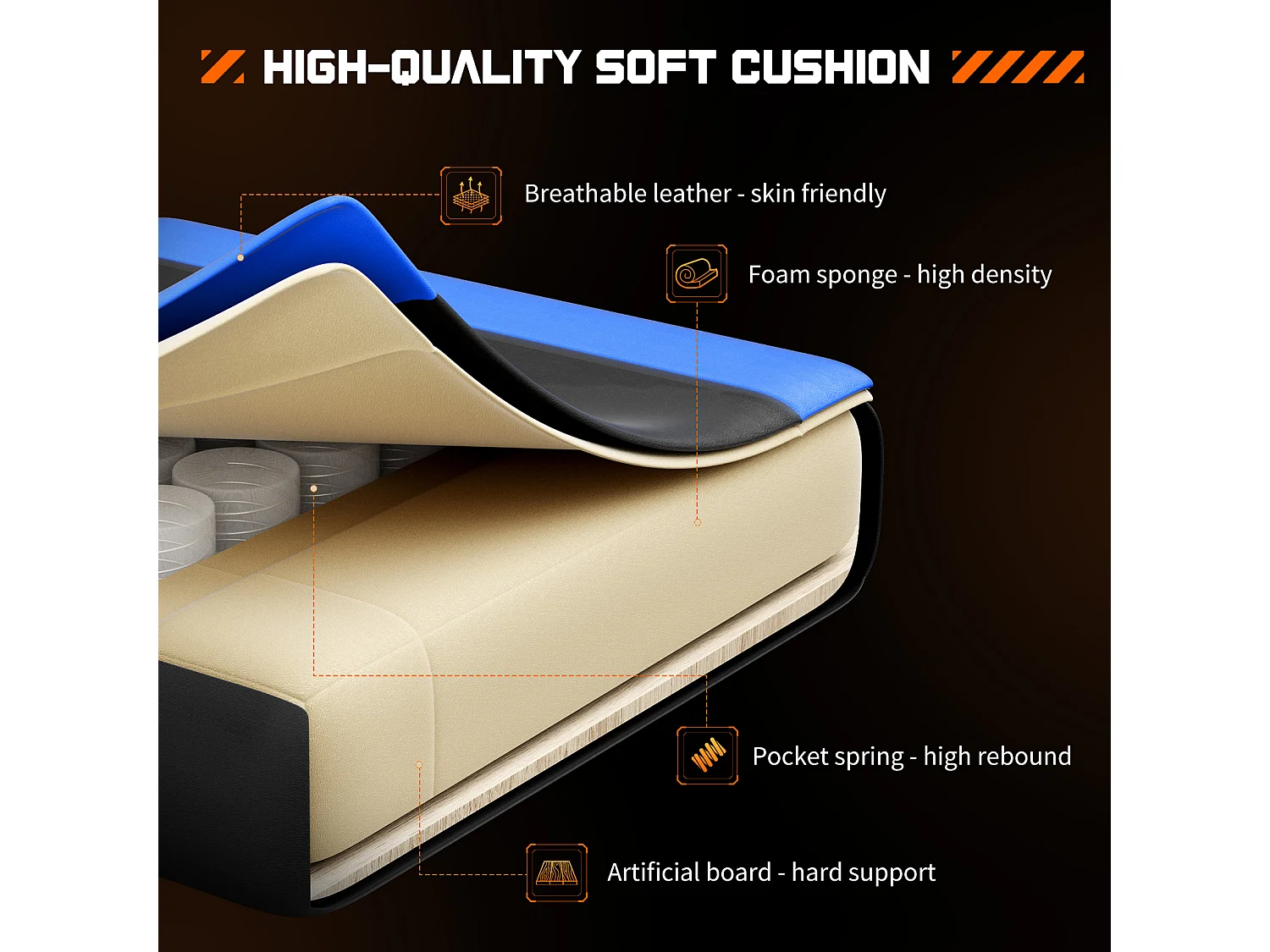 Gaming stoel,Bureaustoel met voetensteun en comfortabele lendensteun,Ergonomisch,Relaxfauteuil met hoofdsteun,PU leer,Blauw,Zwart