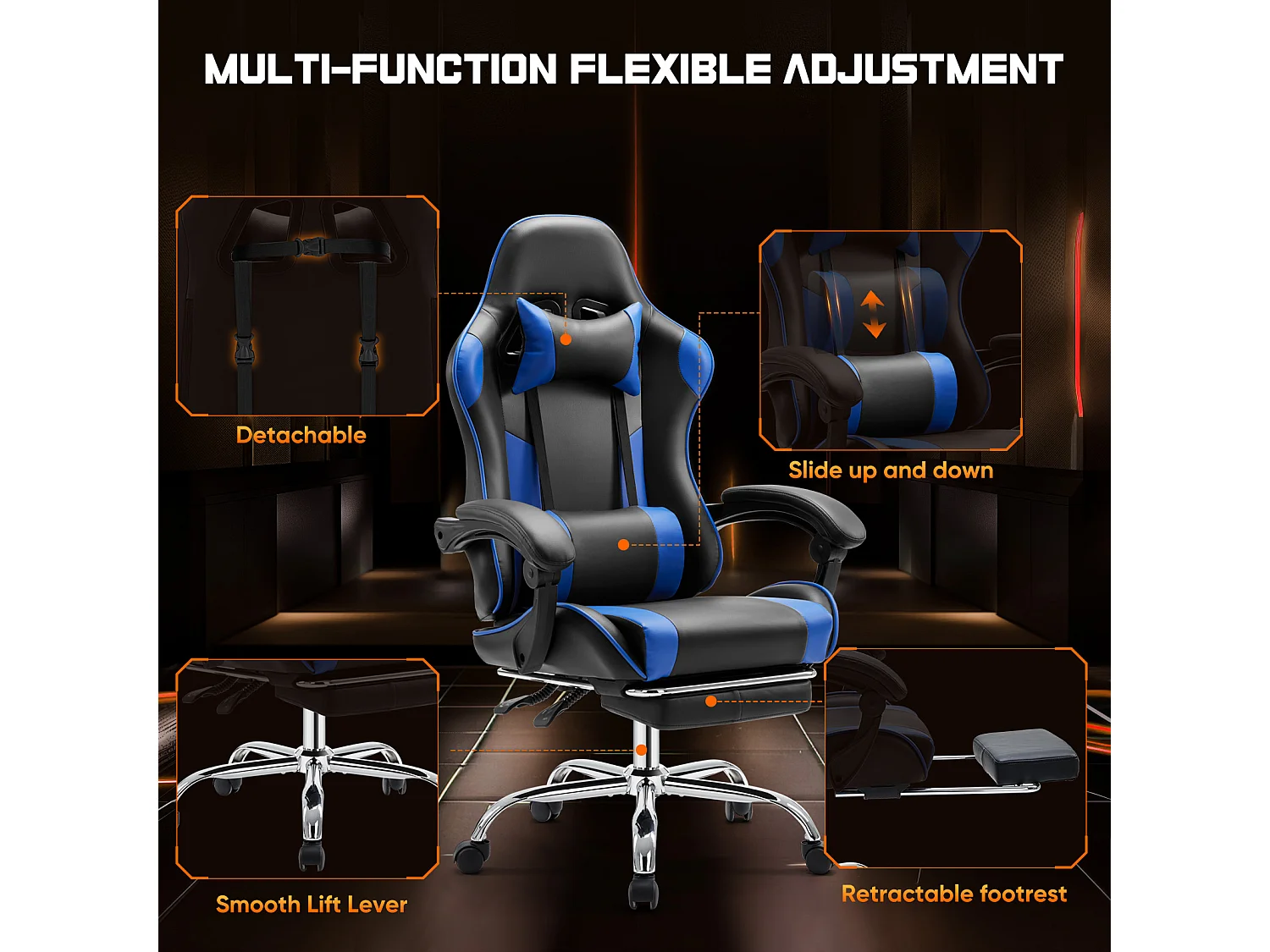 Chaise de jeu ,Chaise de bureau avec repose-pieds et soutien lombaire confortable,Ergonomique,Chaise longue avec appui-tête,Cuir PU,Bleu,Noir