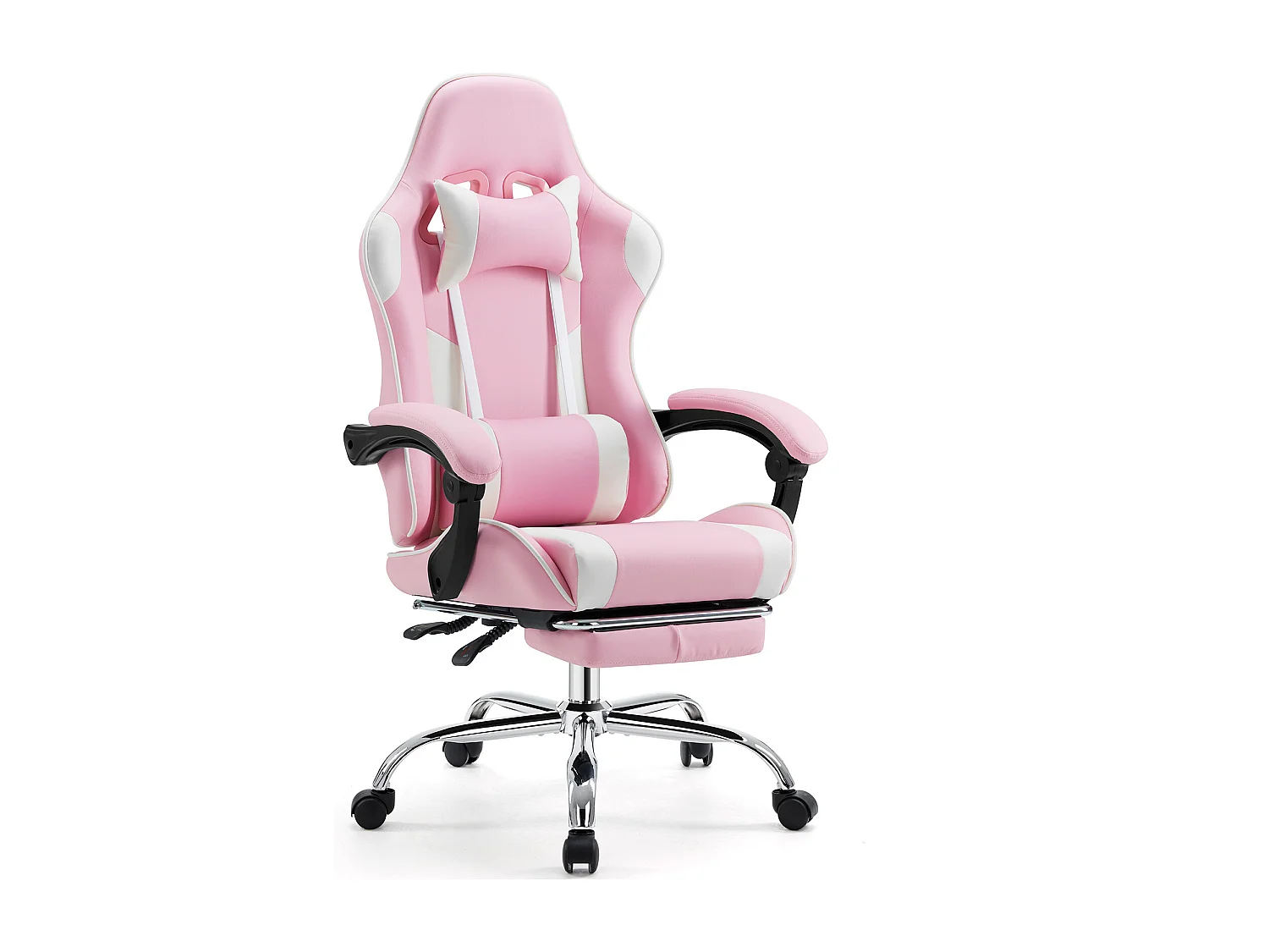 Gaming stoel,Bureaustoel met voetensteun en comfortabele lendensteun,Ergonomisch,Relaxfauteuil met hoofdsteun,PU leer,Roze,Zwart