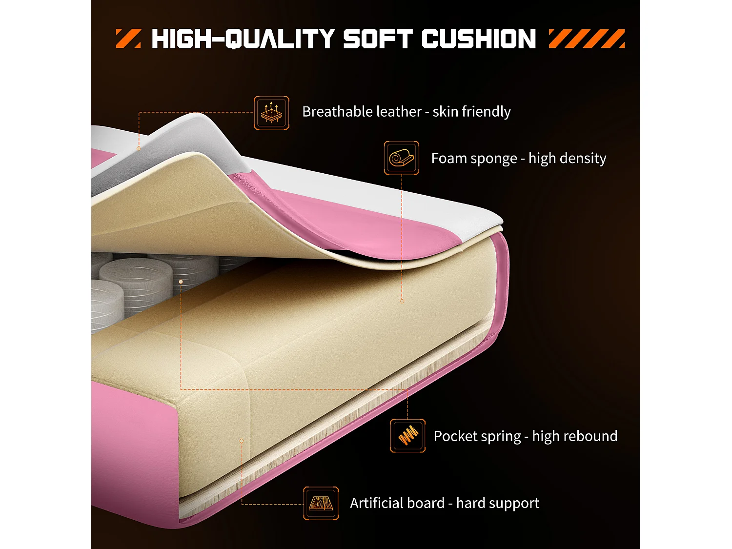 Gaming stoel,Bureaustoel met voetensteun en comfortabele lendensteun,Ergonomisch,Relaxfauteuil met hoofdsteun,PU leer,Roze,Zwart