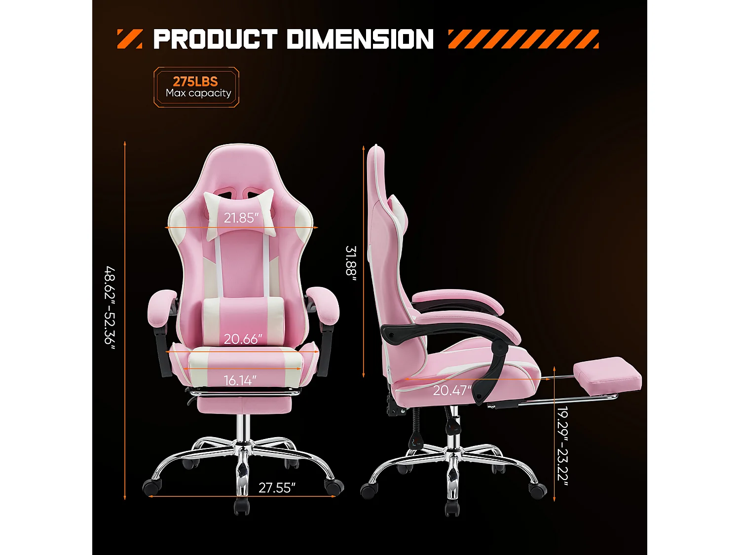 Chaise de jeu ,Chaise de bureau avec repose-pieds et soutien lombaire confortable,Ergonomique,Fauteuil inclinable avec appui-tête,Cuir PU,Rose,Noir