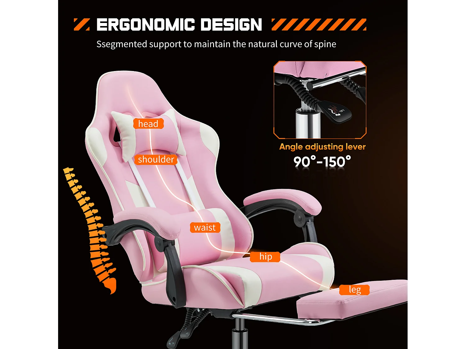 Chaise de jeu ,Chaise de bureau avec repose-pieds et soutien lombaire confortable,Ergonomique,Fauteuil inclinable avec appui-tête,Cuir PU,Rose,Noir