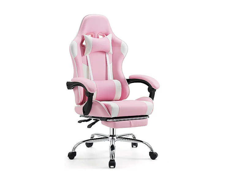 Gaming stoel,Bureaustoel met voetensteun en comfortabele lendensteun,Ergonomisch,Relaxfauteuil met hoofdsteun,PU leer,Roze,Zwart