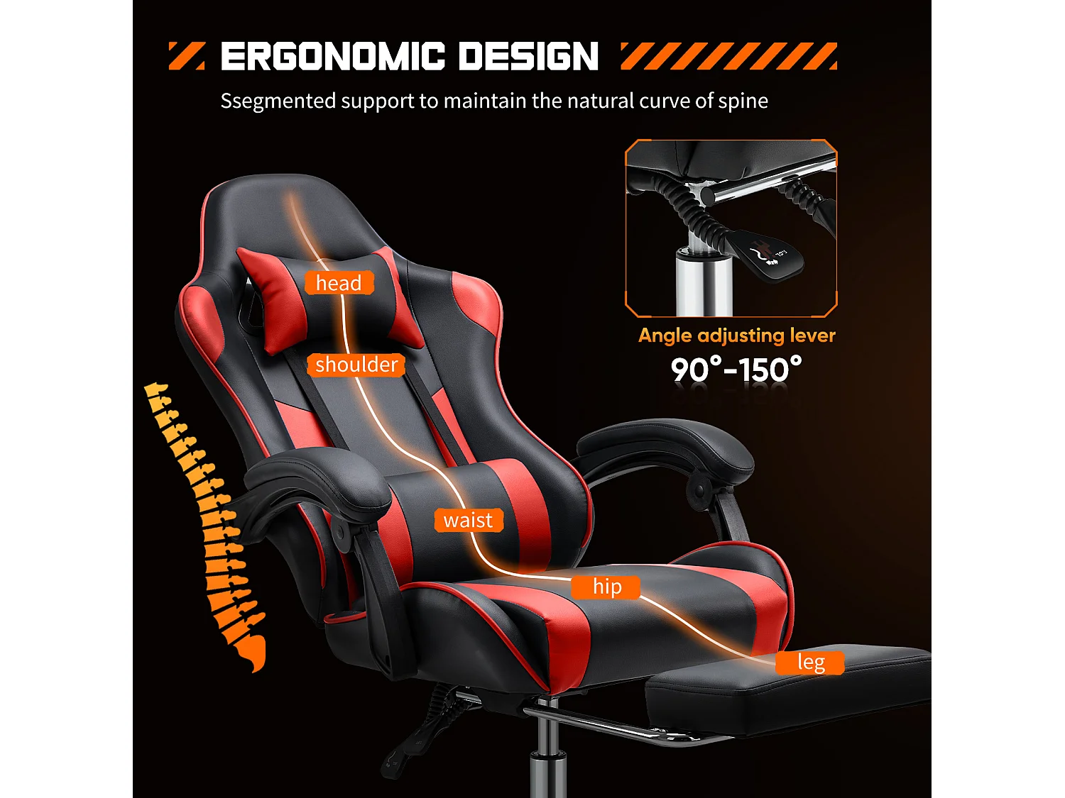 Gaming stoel,Bureaustoel met voetsteun en comfortabele lendensteun,Ergonomisch,Relaxfauteuil met hoofdsteun,PU leer,Rood,Zwart